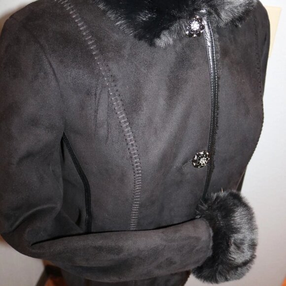 COLDWATER CREEK Coat Jacket Black Faux Suede/Faux Shearling Fur Vegan PS Sherpa - Picture 8 of 15